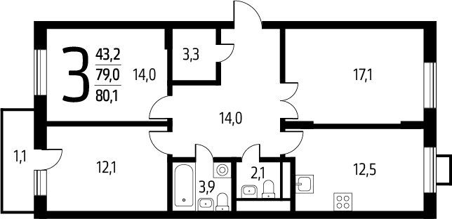 3-комнатная квартира с полной отделкой, 80.1 м2, 4 этаж, сдача 1 квартал 2025 г., ЖК Новые Ватутинки. Заречный, корпус 5/3 - объявление 2372385 - фото №1