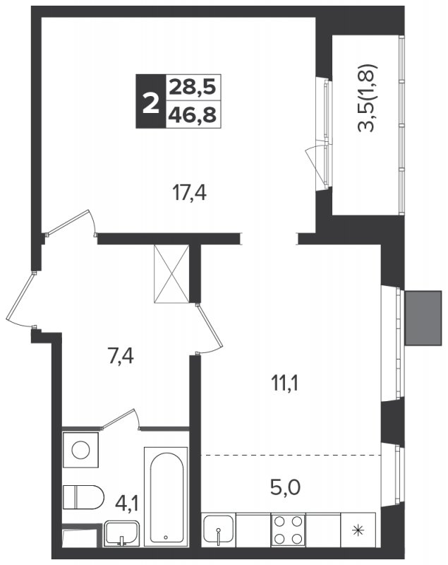 2-комнатная квартира с частичной отделкой, 46.4 м2, 6 этаж, дом сдан, ЖК Южная Битца, корпус 6 - объявление 1818088 - фото №1