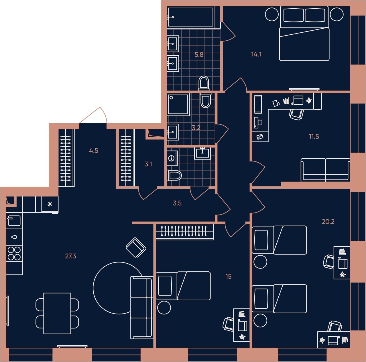 5-комнатная квартира (евро) с частичной отделкой, 117.4 м2, 27 этаж, сдача 3 квартал 2026 г., ЖК ERA, корпус 2 - объявление 2279993 - фото №1