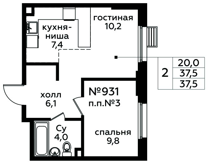 2-комнатная квартира (евро) с полной отделкой, 37.5 м2, 1 этаж, сдача 1 квартал 2025 г., ЖК Эко Бунино, корпус Я-10-11 - объявление 1903895 - фото №1