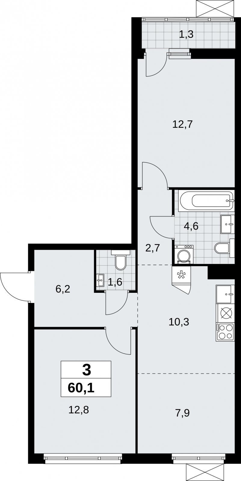 3-комнатная квартира (евро) с полной отделкой, 60.1 м2, 3 этаж, сдача 3 квартал 2026 г., ЖК Дзен-кварталы, корпус 6.1.3 - объявление 2327976 - фото №1