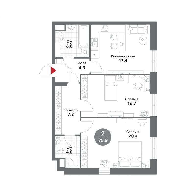 2-комнатные апартаменты без отделки, 75.6 м2, 15 этаж, сдача 3 квартал 2025 г., ЖК VOXHALL, корпус 4 - объявление 1786827 - фото №1