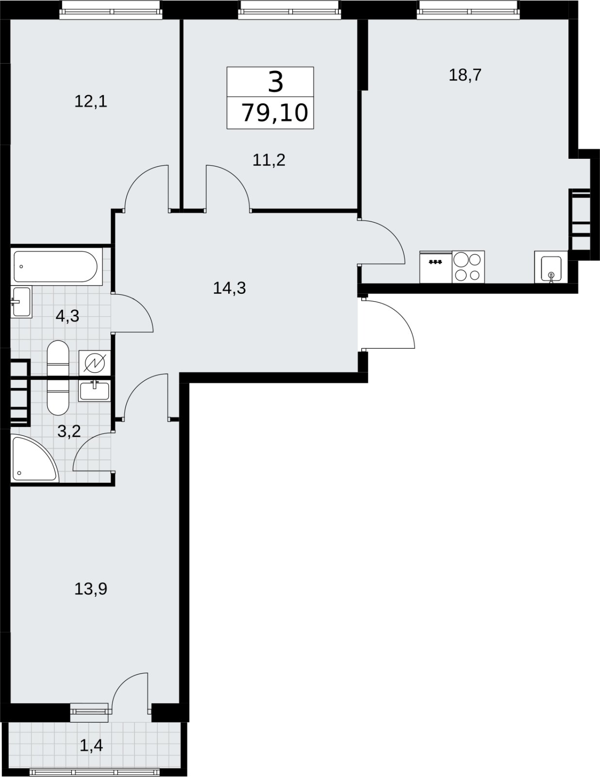 3-комнатная квартира с полной отделкой, 79.1 м2, 7 этаж, сдача 4 квартал 2026 г., ЖК Родные кварталы, корпус 3.3 - объявление 2378524 - фото №1