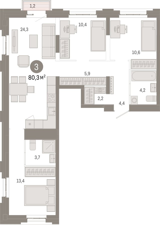 3-комнатная квартира 80.3 м2, 3 этаж, сдача 3 квартал 2026 г., ЖК Квартал Метроном, корпус 1 - объявление 2330846 - фото №1