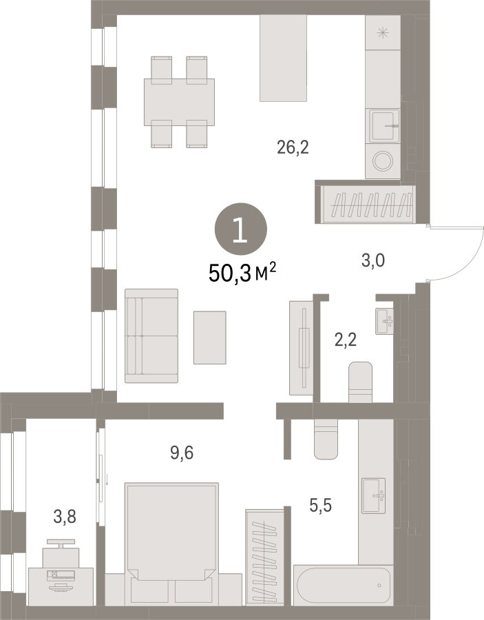 1-комнатная квартира с частичной отделкой, 50.27 м2, 7 этаж, сдача 1 квартал 2025 г., ЖК Первый квартал, корпус Дом 5 - объявление 2281557 - фото №1