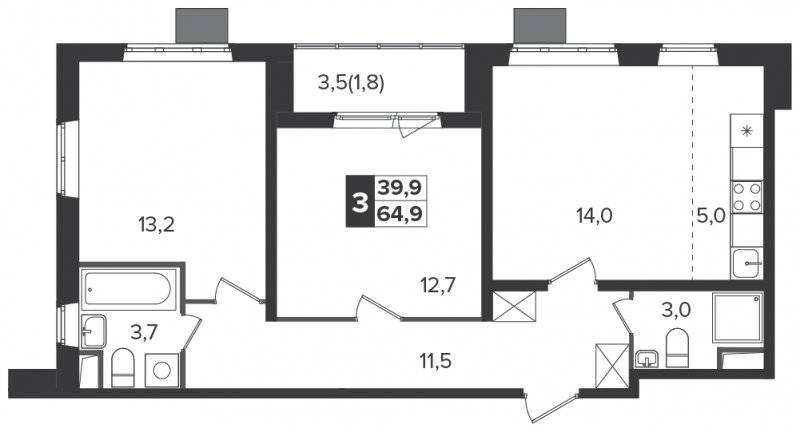 3-комнатная квартира (евро) с полной отделкой, 64.9 м2, 3 этаж, дом сдан, ЖК Южная Битца, корпус 6 - объявление 1307839 - фото №1