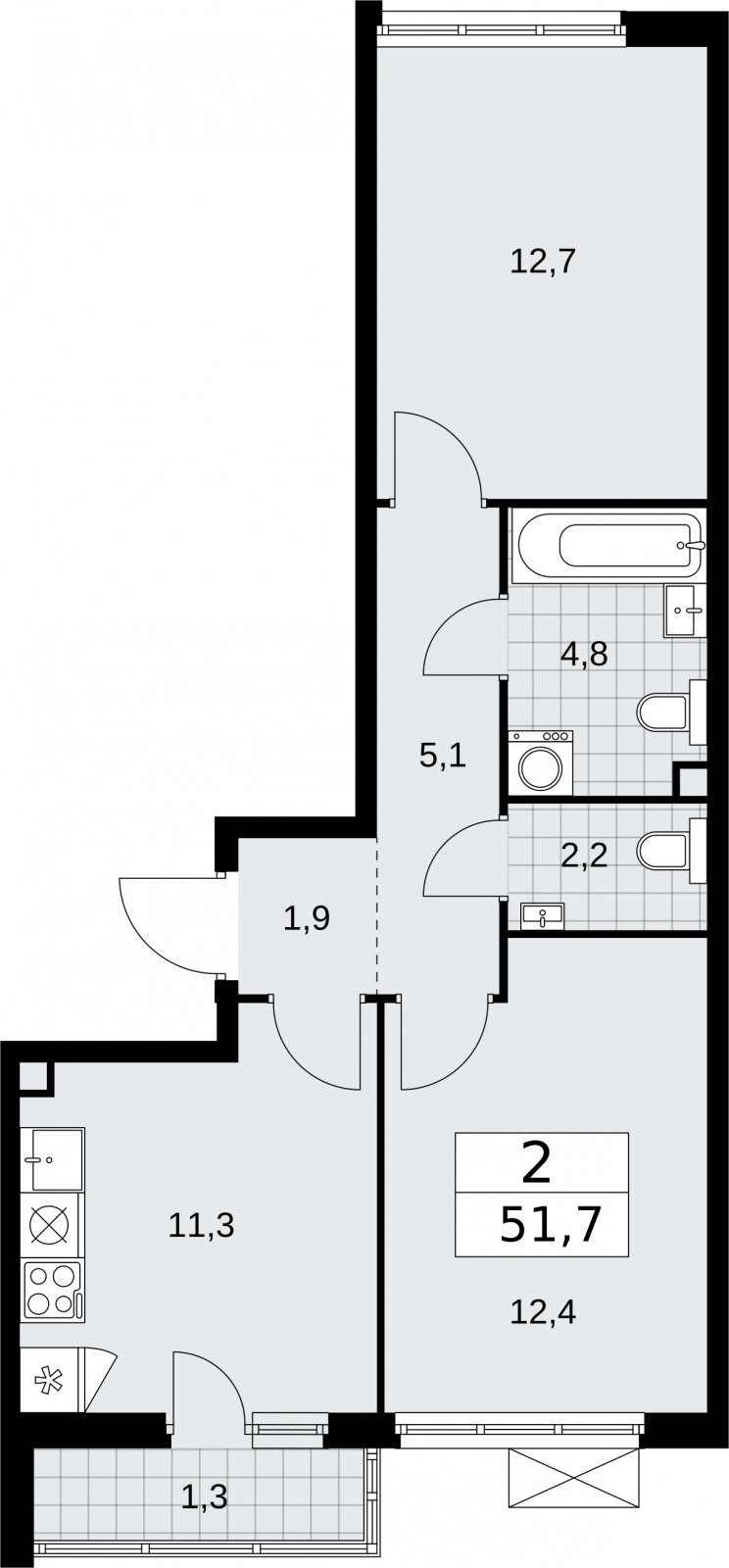 2-комнатная квартира с частичной отделкой, 51.7 м2, 2 этаж, сдача 2 квартал 2026 г., ЖК Бунинские кварталы, корпус 5.1 - объявление 2296867 - фото №1