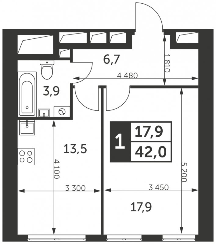 1-комнатная квартира без отделки, 42 м2, 40 этаж, сдача 4 квартал 2023 г., ЖК Архитектор, корпус 2 - объявление 1938382 - фото №1