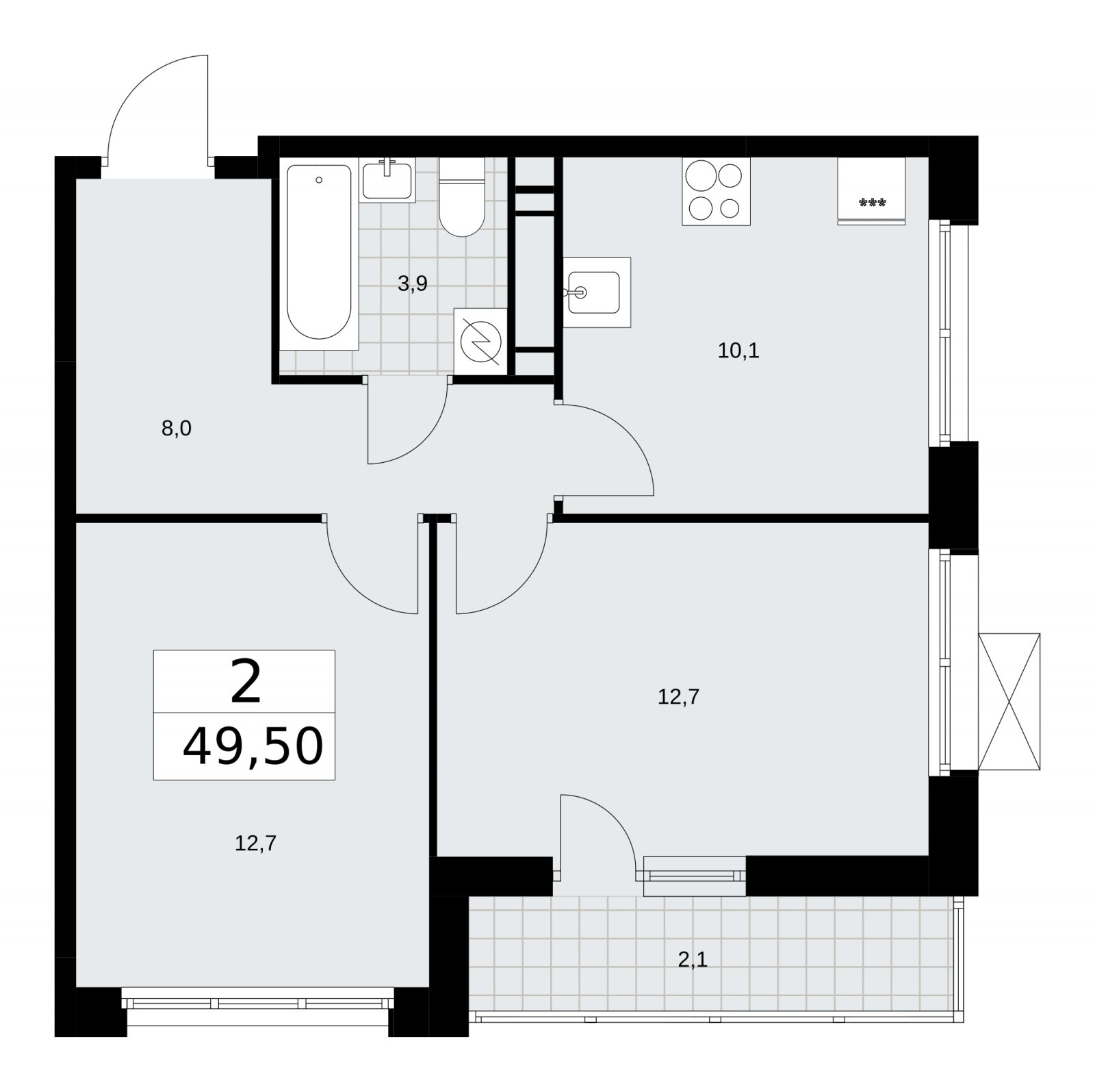 2-комнатная квартира без отделки, 49.5 м2, 16 этаж, сдача 3 квартал 2025 г., ЖК Скандинавия, корпус 28.2 - объявление 2202432 - фото №1