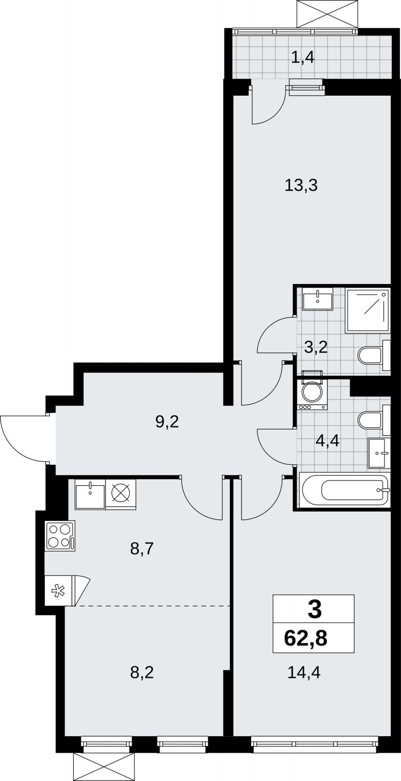 3-комнатная квартира (евро) без отделки, 62.8 м2, 5 этаж, сдача 1 квартал 2026 г., ЖК Дзен-кварталы, корпус 6.2.1 - объявление 2328324 - фото №1