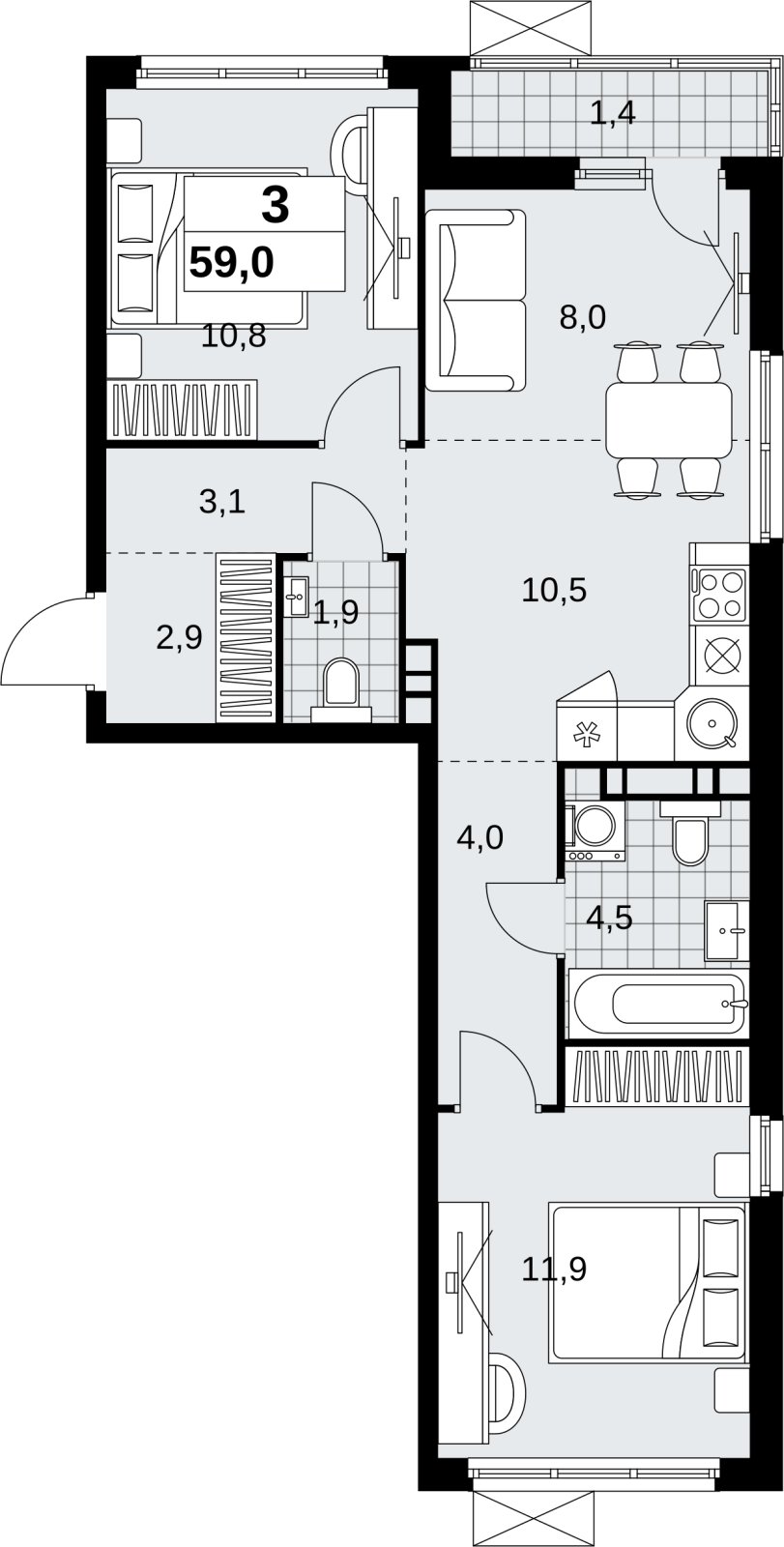 3-комнатная квартира (евро) без отделки, 59 м2, 5 этаж, сдача 4 квартал 2026 г., ЖК Скандинавия, корпус 2.18.2.4 - объявление 2351536 - фото №1