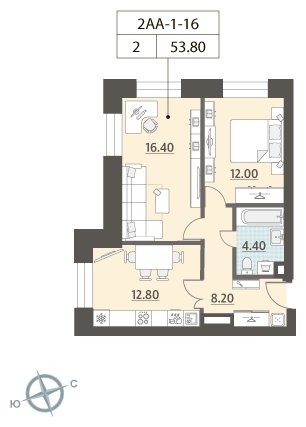 2-комнатная квартира без отделки, 53.8 м2, 16 этаж, сдача 4 квартал 2023 г., ЖК ЗИЛАРТ, корпус 15 - объявление 1947973 - фото №1