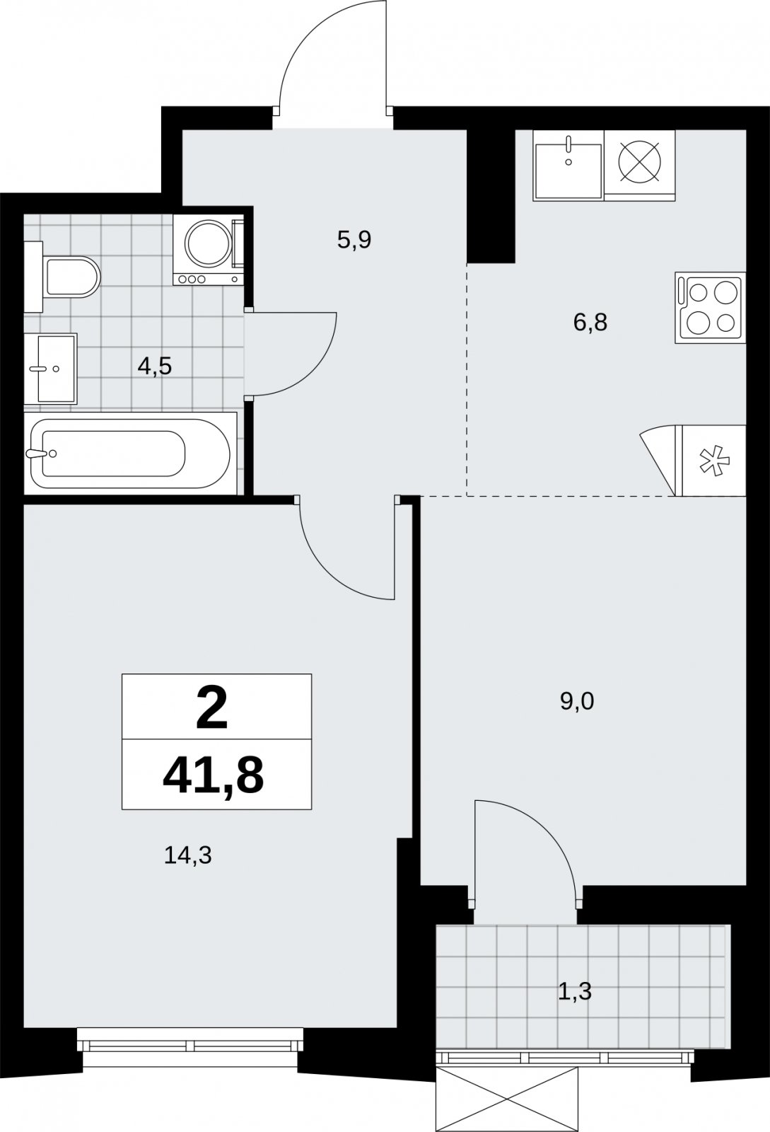 2-комнатная квартира (евро) без отделки, 41.8 м2, 16 этаж, сдача 1 квартал 2026 г., ЖК Дзен-кварталы, корпус 6.2.2 - объявление 2328764 - фото №1