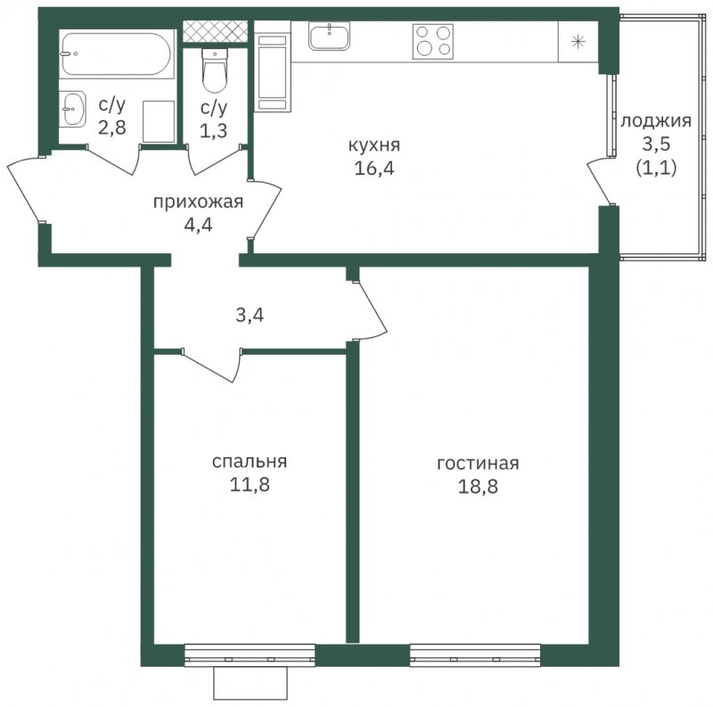 2-комнатная квартира с частичной отделкой, 60 м2, 14 этаж, сдача 1 квартал 2023 г., ЖК Зеленая Вертикаль, корпус 7 - объявление 2055928 - фото №1