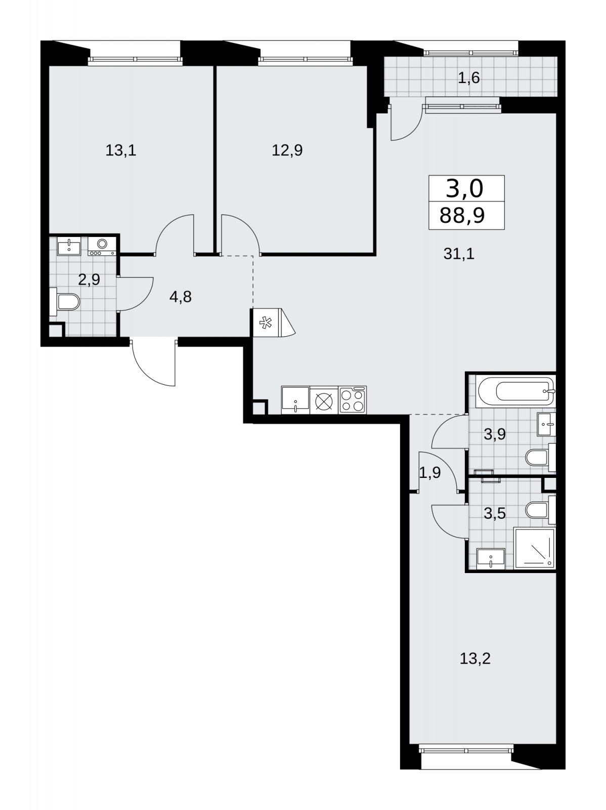 3-комнатная квартира с частичной отделкой, 88.9 м2, 2 этаж, сдача 1 квартал 2026 г., ЖК Бунинские кварталы, корпус 6.2 - объявление 2252522 - фото №1