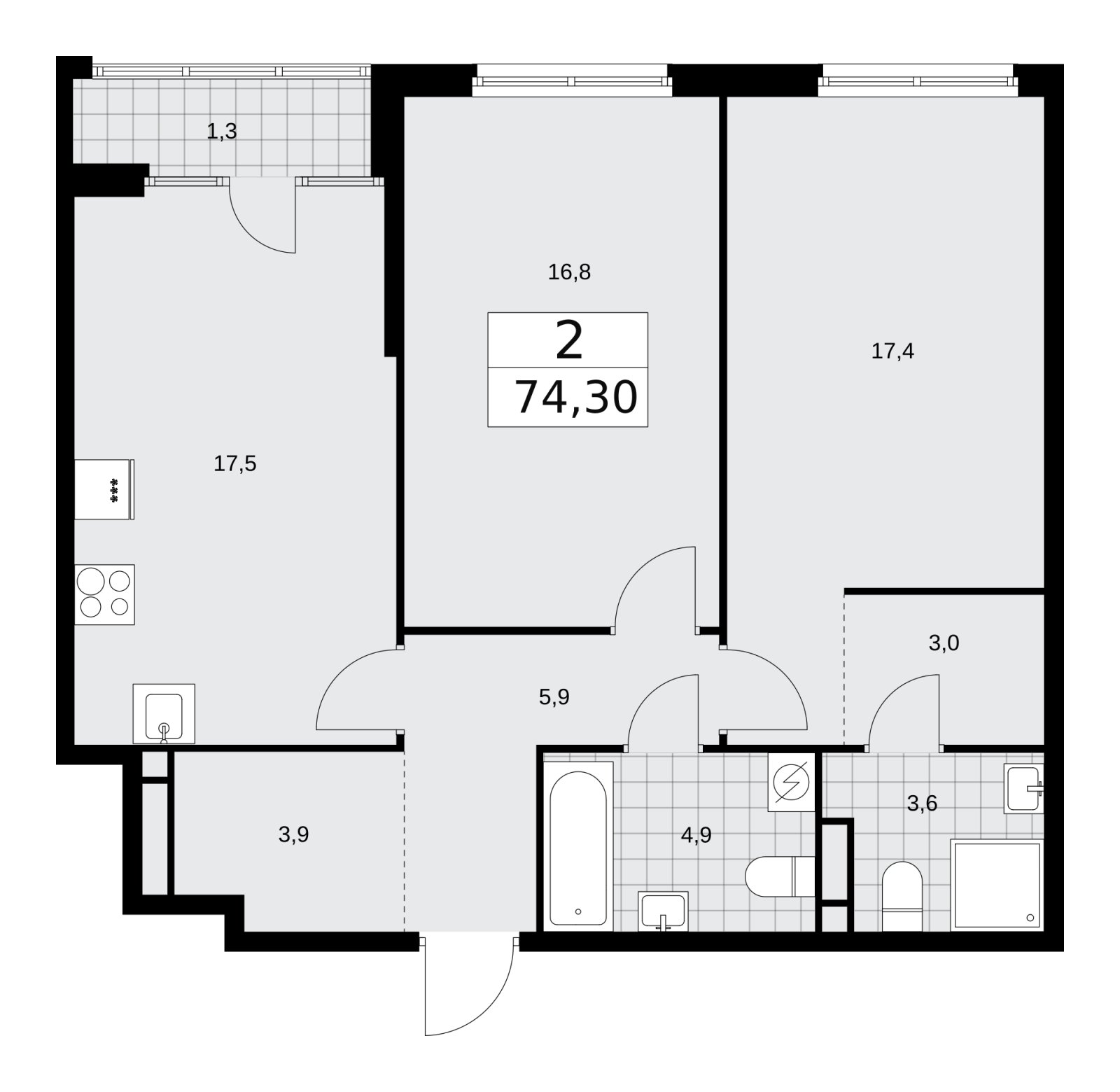 2-комнатная квартира с частичной отделкой, 74.3 м2, 16 этаж, сдача 1 квартал 2026 г., ЖК Дом на Зорге, корпус 25 - объявление 2386226 - фото №1