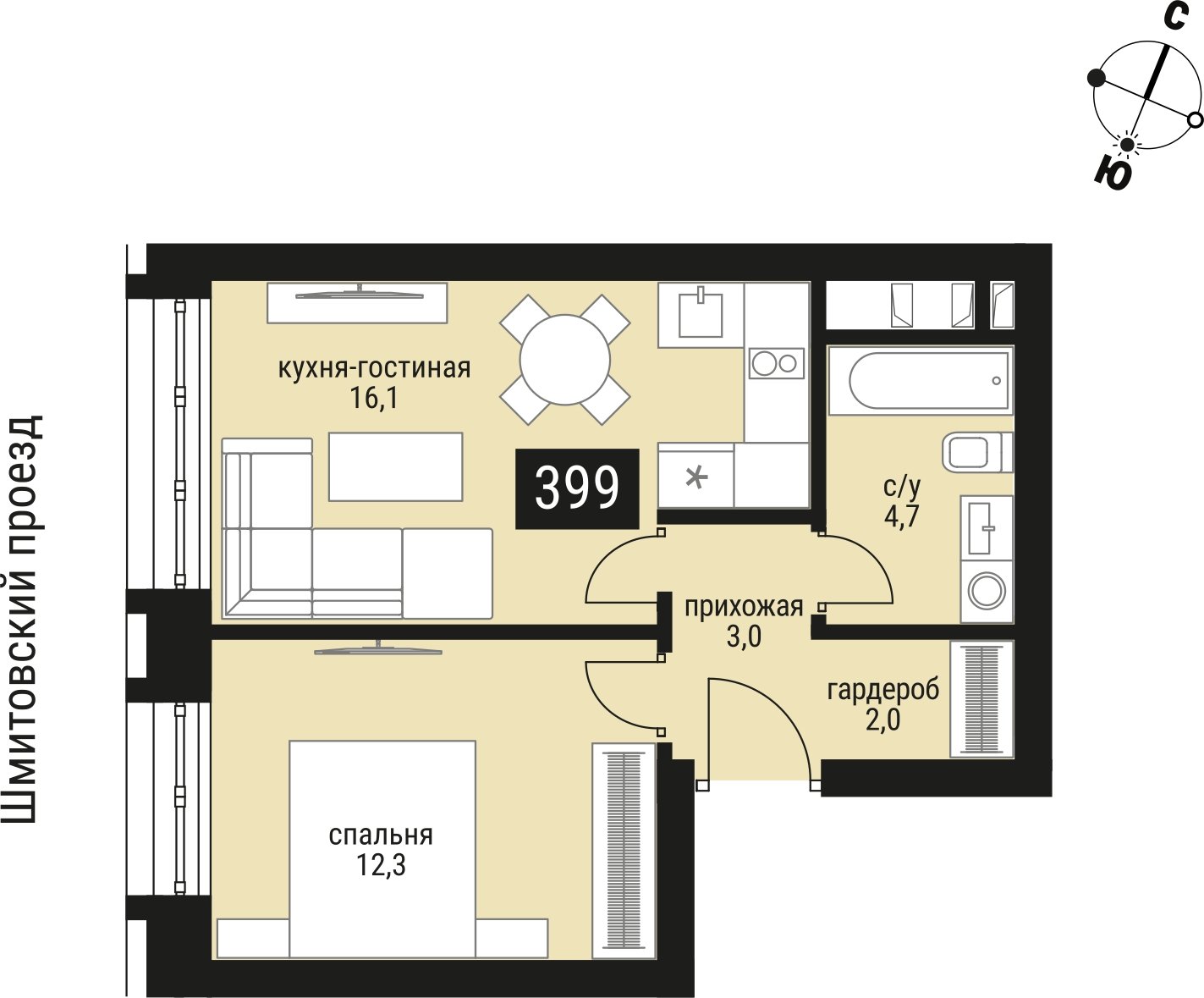 1-комнатная квартира без отделки, 39.3 м2, 7 этаж, сдача 2 квартал 2026 г., ЖК Шелепиха, корпус 1 - объявление 2383645 - фото №1
