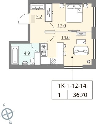 1-комнатная квартира без отделки, 36.7 м2, 12 этаж, дом сдан, ЖК ЗИЛАРТ, корпус 13 - объявление 2123494 - фото №1