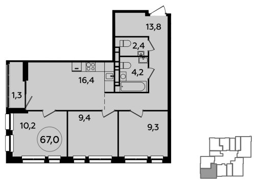 3-комнатная квартира без отделки, 67 м2, 19 этаж, сдача 4 квартал 2023 г., ЖК Южные сады, корпус 1.4 - объявление 2052139 - фото №1