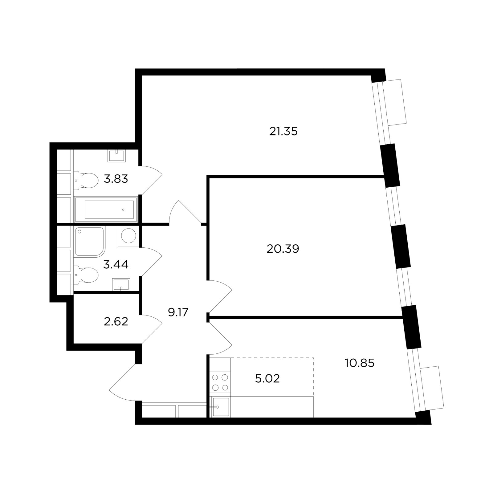 3-комнатная квартира без отделки, 76.67 м2, 12 этаж, дом сдан, ЖК TopHILLS, корпус 1 - объявление 2233248 - фото №1