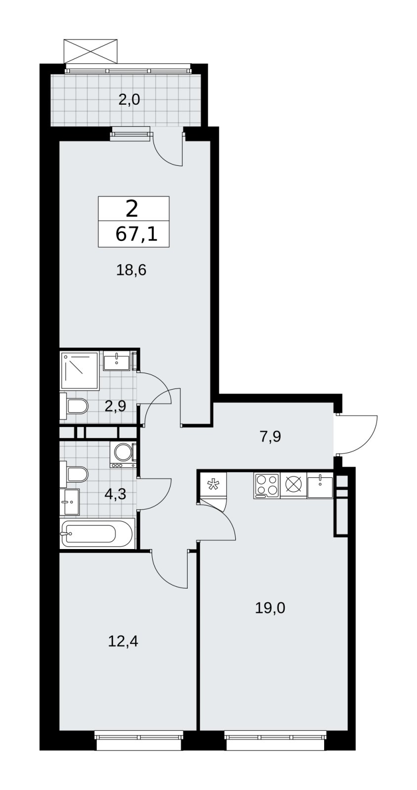 2-комнатная квартира с частичной отделкой, 67.1 м2, 10 этаж, сдача 2 квартал 2026 г., ЖК Дзен-кварталы, корпус 4.1 - объявление 2251386 - фото №1