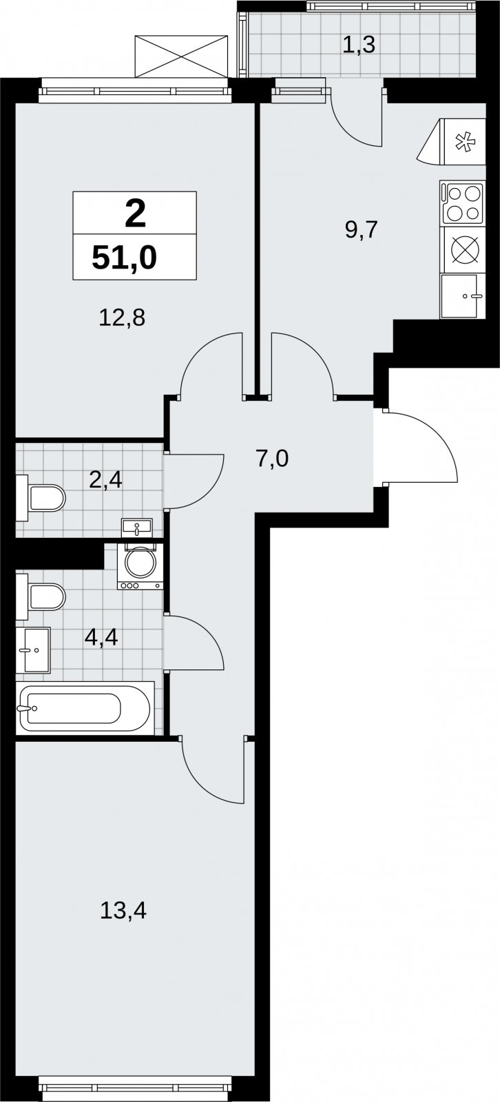 2-комнатная квартира с полной отделкой, 51 м2, 11 этаж, сдача 3 квартал 2026 г., ЖК Дзен-кварталы, корпус 6.1.3 - объявление 2327578 - фото №1