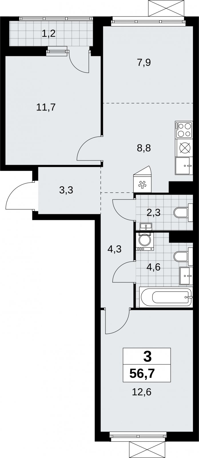 3-комнатная квартира (евро) без отделки, 56.7 м2, 5 этаж, сдача 1 квартал 2026 г., ЖК Дзен-кварталы, корпус 6.2.1 - объявление 2328411 - фото №1