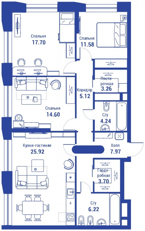 4-комнатная квартира с полной отделкой, 100.31 м2, 24 этаж, сдача 3 квартал 2024 г., ЖК iLove, корпус 2 - объявление 1886448 - фото №1