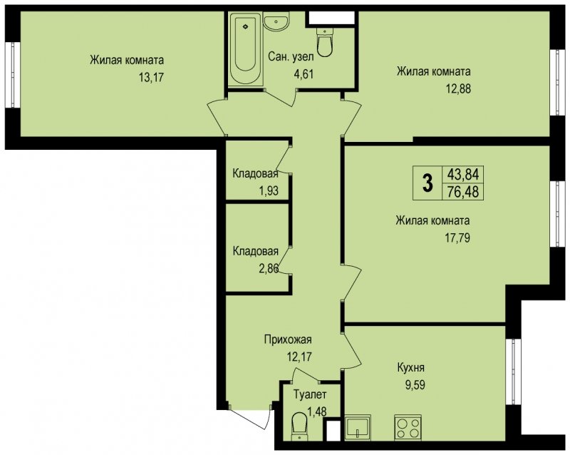 3-комнатная квартира с частичной отделкой, 76.48 м2, 1 этаж, сдача 3 квартал 2022 г., ЖК Новая Щербинка, корпус 12 - объявление 1473401 - фото №1