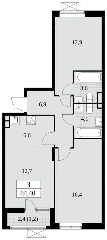 3-комнатная квартира (евро) с частичной отделкой, 64.4 м2, 4 этаж, сдача 2 квартал 2025 г., ЖК Прокшино, корпус 5.1.1 - объявление 1859909 - фото №1