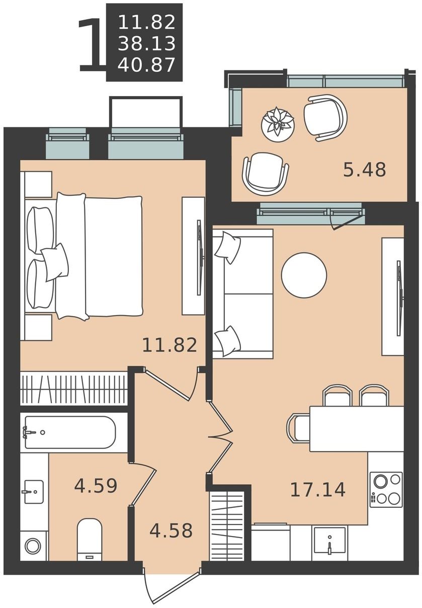 1-комнатная квартира без отделки, 40.87 м2, 2 этаж, сдача 1 квартал 2024 г., ЖК Мишино-2, корпус 6 - объявление 2073938 - фото №1