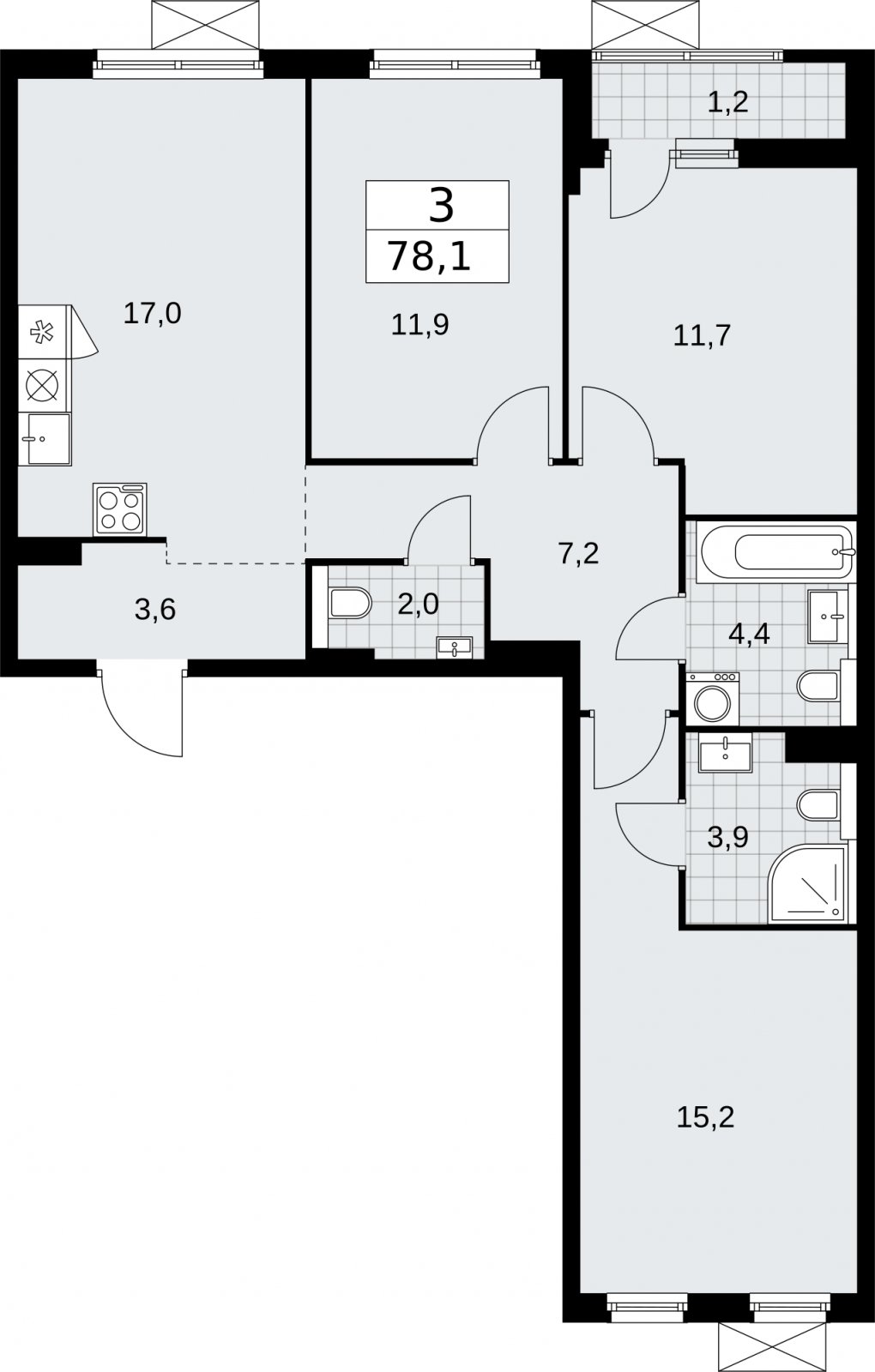3-комнатная квартира без отделки, 78.1 м2, 6 этаж, сдача 2 квартал 2026 г., ЖК Бунинские кварталы, корпус 7.3 - объявление 2313868 - фото №1