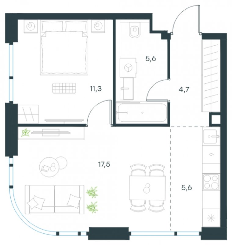 2-комнатная квартира (евро) без отделки, 44.7 м2, 2 этаж, сдача 4 квартал 2024 г., ЖК Level Мичуринский, корпус 6 - объявление 1664433 - фото №1