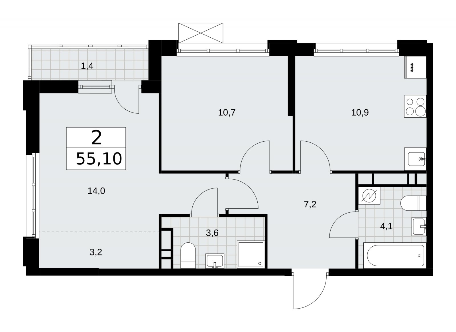 2-комнатная квартира без отделки, 55.1 м2, 12 этаж, сдача 3 квартал 2025 г., ЖК Скандинавия, корпус 28.1 - объявление 2202054 - фото №1