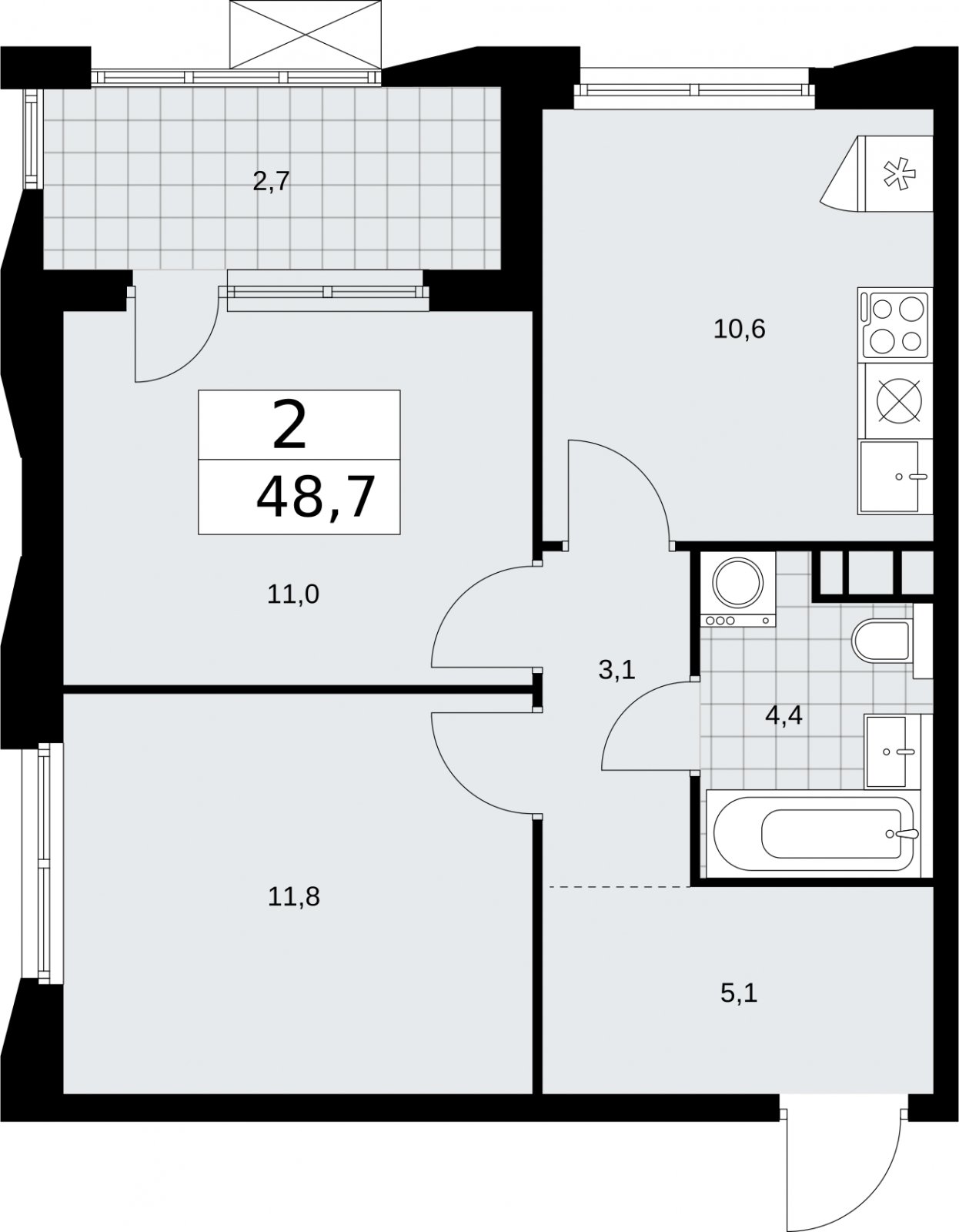 2-комнатная квартира без отделки, 48.7 м2, 14 этаж, сдача 2 квартал 2026 г., ЖК Бунинские кварталы, корпус 5.2 - объявление 2297413 - фото №1
