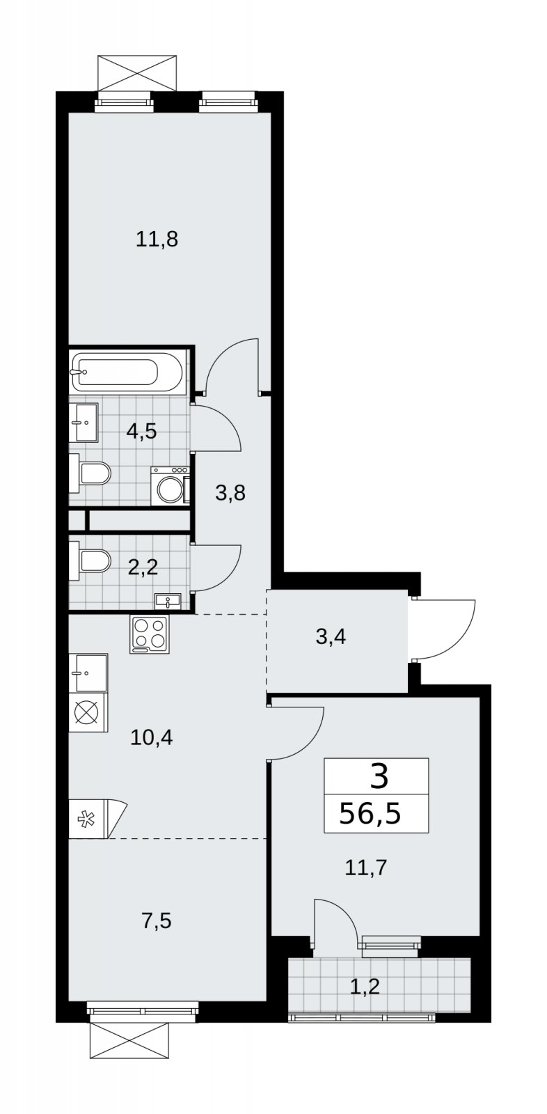 3-комнатная квартира (евро) без отделки, 56.5 м2, 10 этаж, сдача 4 квартал 2025 г., ЖК Прокшино, корпус 11.1.4 - объявление 2257748 - фото №1