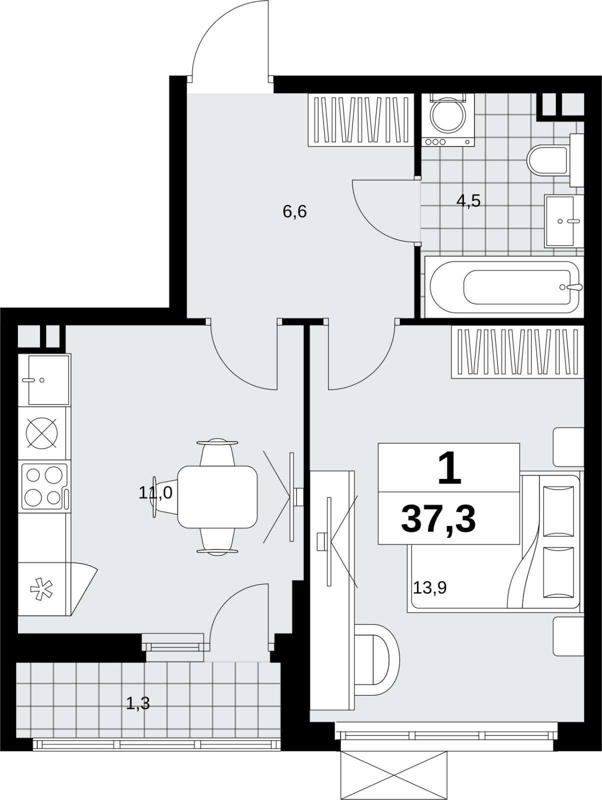 1-комнатная квартира без отделки, 37.3 м2, 3 этаж, сдача 4 квартал 2026 г., ЖК Скандинавия, корпус 2.18.2.5 - объявление 2351597 - фото №1