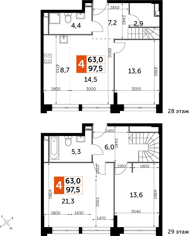 4-комнатная квартира без отделки, 97.5 м2, 28 этаж, дом сдан, ЖК Sydney City, корпус 1 - объявление 2238383 - фото №1