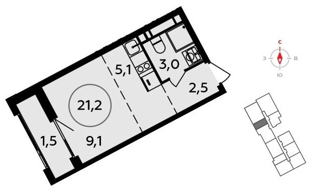 Студия без отделки, 21.2 м2, 13 этаж, сдача 3 квартал 2023 г., ЖК Прокшино, корпус 4.3 - объявление 1498189 - фото №1