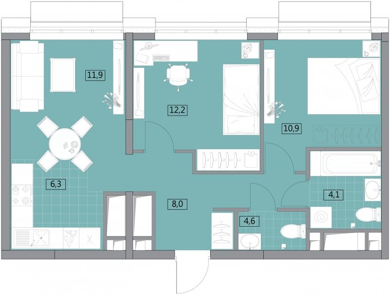 3-комнатная квартира (евро) без отделки, 55.24 м2, 25 этаж, сдача 2 квартал 2022 г., ЖК Вестердам, корпус 3 - объявление 1715225 - фото №1