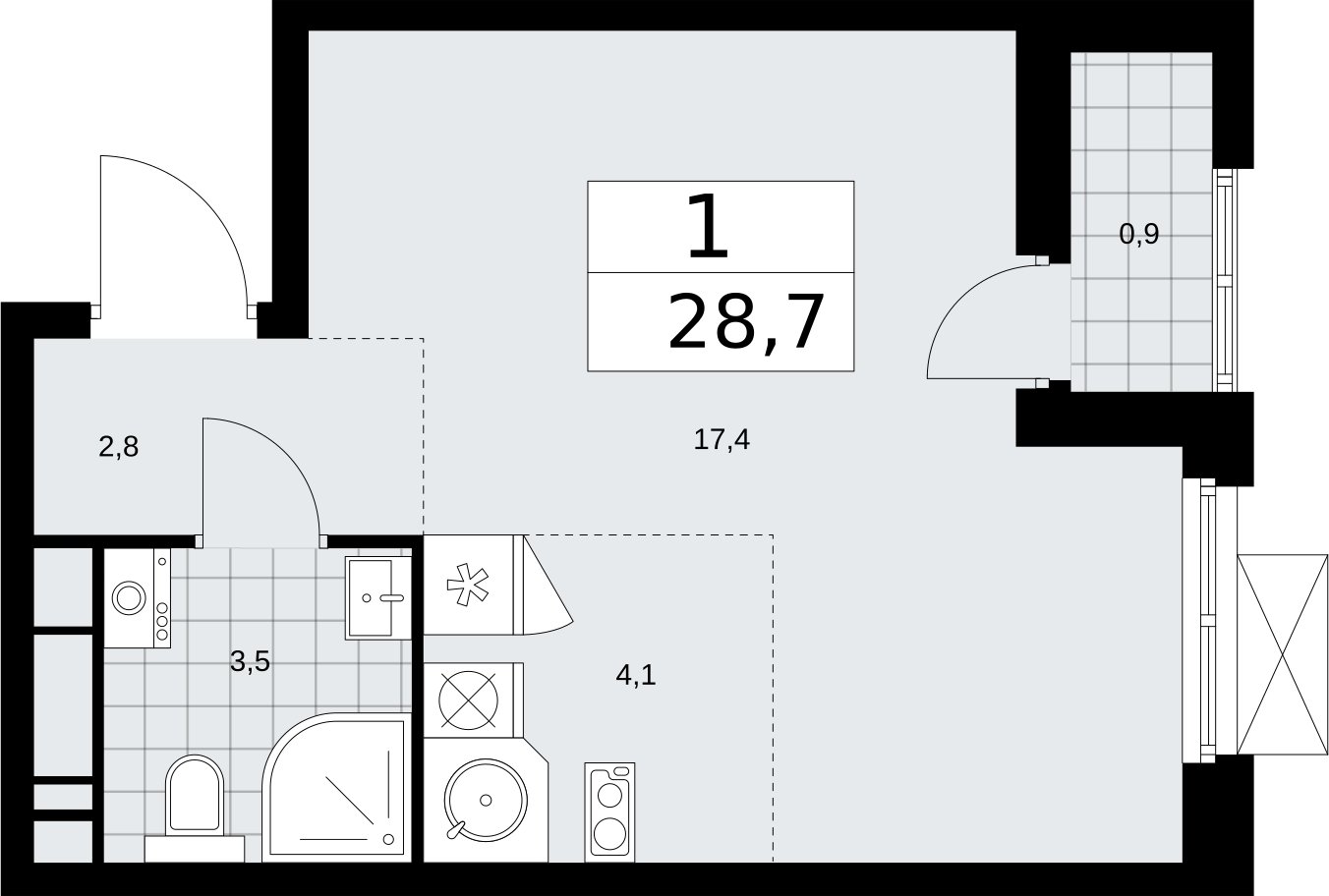 Студия с частичной отделкой, 28.7 м2, 13 этаж, сдача 2 квартал 2026 г., ЖК Бунинские кварталы, корпус 5.1 - объявление 2297063 - фото №1