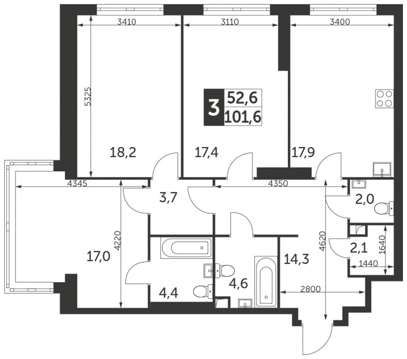 3-комнатная квартира с частичной отделкой, 101.6 м2, 23 этаж, сдача 4 квартал 2023 г., ЖК Архитектор, корпус 1 - объявление 1694295 - фото №1