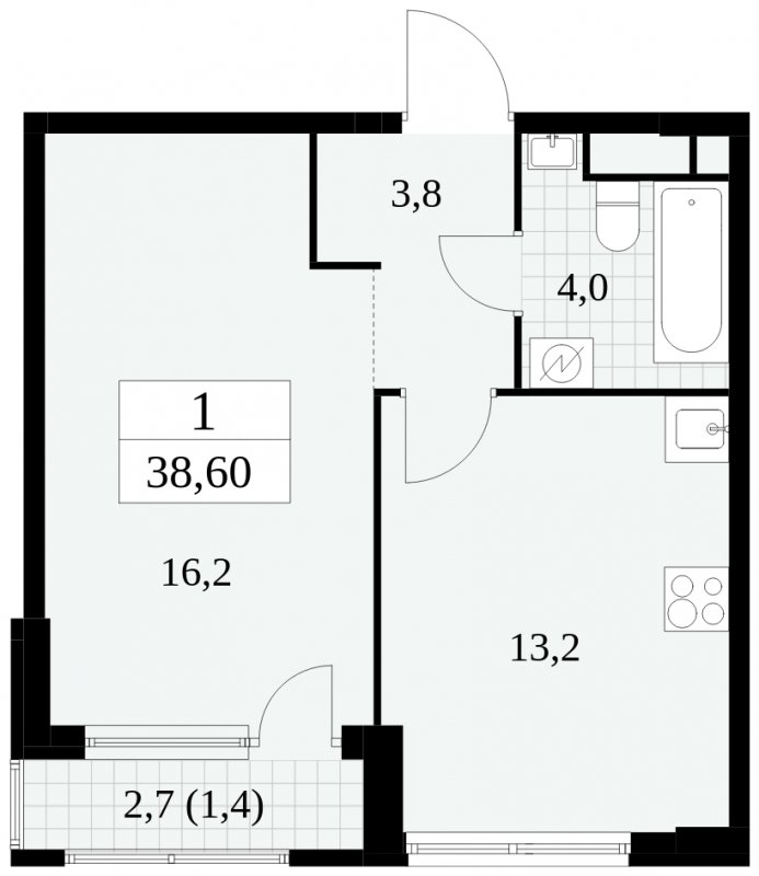 1-комнатная квартира без отделки, 38.6 м2, 14 этаж, сдача 2 квартал 2025 г., ЖК Южные сады, корпус 2.3 - объявление 1758205 - фото №1