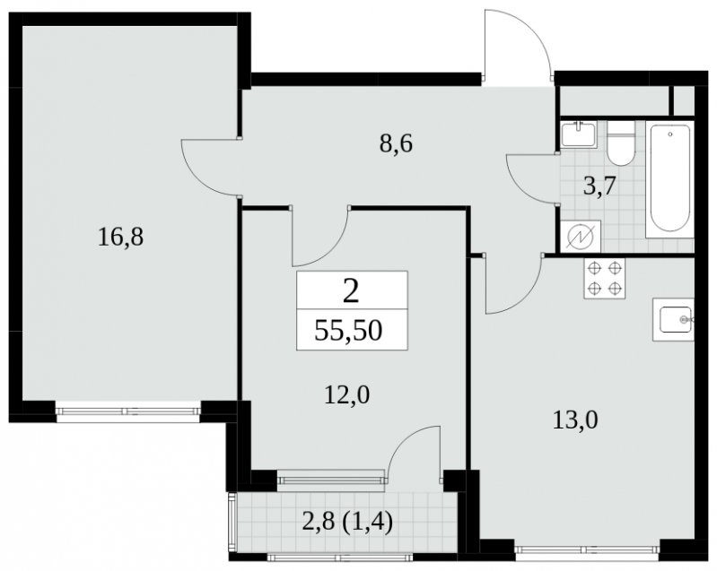 2-комнатная квартира без отделки, 55.5 м2, 21 этаж, сдача 2 квартал 2025 г., ЖК Южные сады, корпус 2.4 - объявление 1760377 - фото №1