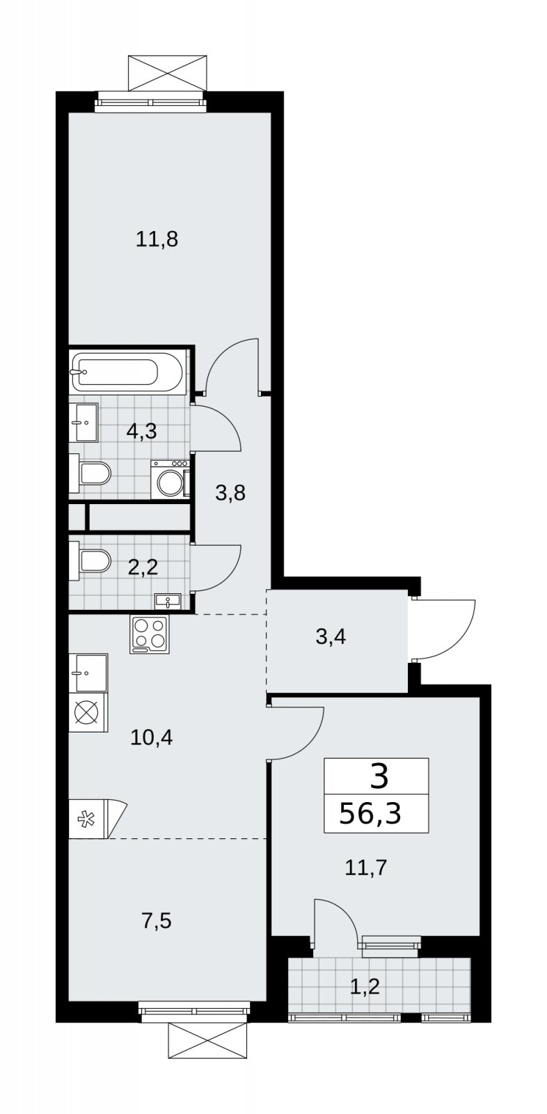 3-комнатная квартира (евро) без отделки, 56.3 м2, 15 этаж, сдача 4 квартал 2025 г., ЖК Прокшино, корпус 11.1.4 - объявление 2257773 - фото №1