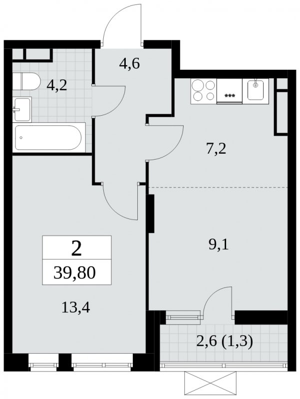 2-комнатная квартира (евро) без отделки, 39.8 м2, 9 этаж, сдача 2 квартал 2024 г., ЖК Прокшино, корпус 6.2 - объявление 1662883 - фото №1