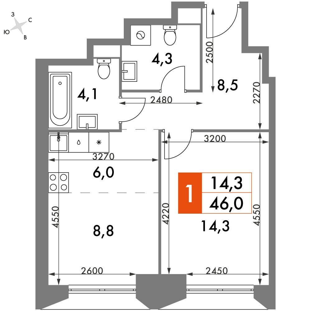 1-комнатная квартира без отделки, 46 м2, 40 этаж, дом сдан, ЖК Архитектор, корпус 3 - объявление 2374917 - фото №1