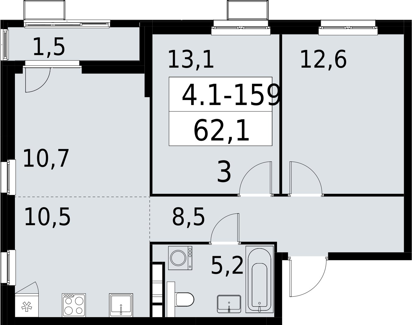 3-комнатная квартира (евро) с полной отделкой, 62.1 м2, 5 этаж, сдача 2 квартал 2027 г., ЖК Южные сады, корпус 4.1.2 - объявление 2392693 - фото №1
