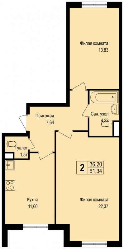 2-комнатная квартира без отделки, 61.34 м2, 1 этаж, сдача 3 квартал 2022 г., ЖК Новая Щербинка, корпус 12 - объявление 1520511 - фото №1