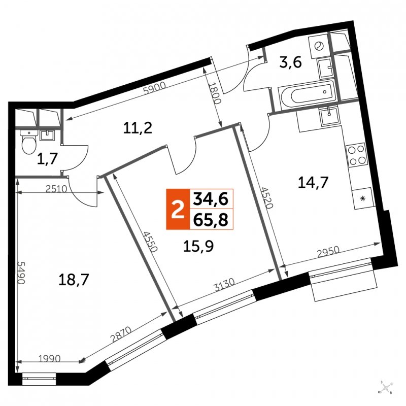 2-комнатная квартира без отделки, 65.8 м2, 4 этаж, сдача 3 квартал 2023 г., ЖК UP-квартал Римский, корпус 7 - объявление 1671107 - фото №1